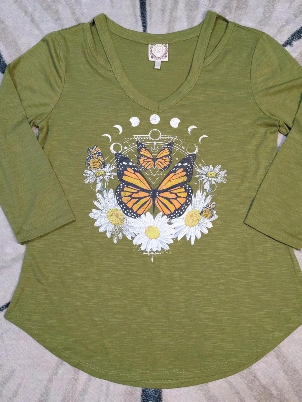 Olive Green Butterfly Daisy Graphic Women's V-Neck Top